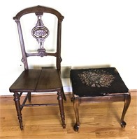 Wood Chair and Needlepoint Stool