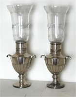 Pair: Antique English Silver Plate Hurricane Lamps