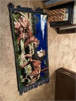 Vintage mirror, cross picture, lion tapestry and