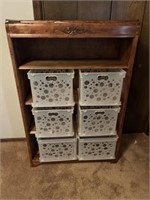 Wooden bookshelf with six plastic crates, approx.