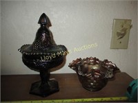 2pc Iridescent Carnival Glass - Compote / Basket