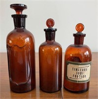 Lot of 3 Amber Glass Apothecary Jars with Stoppers