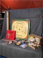 Crokinole Board, the bible game, candles, maps,
