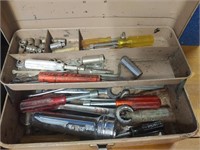 two metal tool boxes full of hand tools