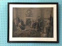 Antique 19thC Lithograph of Family Interior
