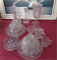 911 - GLASS COVERED DISHES, CANDLE HOLDERS, VASES