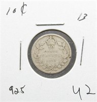 1913 Canadian 0.925 Silver 10 Cents