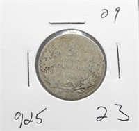 1909 Canadian 0.925 Silver 25 Cents