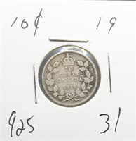 1919 Canadian 0.925 Silver 10 Cents