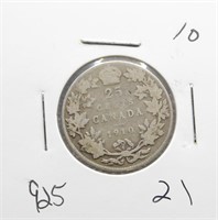1910 Canadian 0.925 Silver 25 Cents