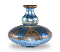 Loetz Blue Iridescent Vase with Copper Overlay