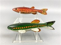 2 Fish Spearing Decoys, 1 trout with red, yellow