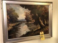 Oil on Canvas Creekside View Signed P. Rival