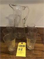 Etched Glass Pitcher & 6 Tumblers