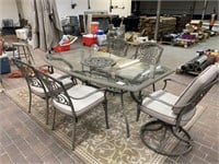 LARGE METAL & GLASS PATIO TABLE W/ 5 CHAIRS