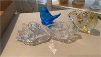 GLASS BLUE BIRD, SNAIL, SWAN AND DISH