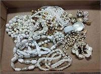 White costume jewelry lot - necklaces, watch,
