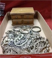 Jewelry box, watches, silver tone necklaces
