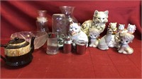 Glass cats, mason jar bird feeder, vase