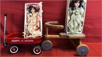 2 heirloom dolls, with radio flyer wagon