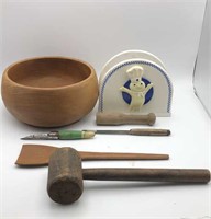 Primitive Wood Bowl, Mallet, Pestle, Utensils