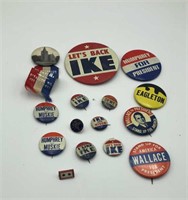 15 Vintage Ike, Wallce, Metal Presidential Pins