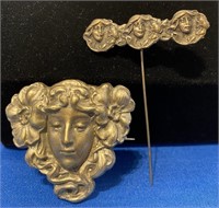 2 Art Nouveau Women Face Brooch & Stick Pin Jewelr