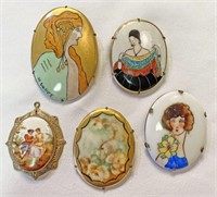 Collection 1920s Hand Painted Brooches Flapper Lim