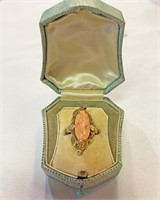 10K Gold Art Nouveau Coral Cameo w Diamond Ring