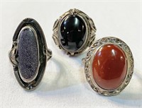 Collection 3 Sterling Silver Art Deco Carnelian, &