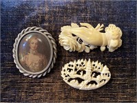 Victorian Carved Bone Hand Pin Lot w Marie Antoine