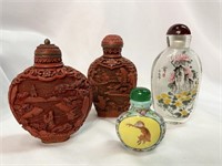 Collection 4 Chinese Snuff Bottles Carved Cinnabar