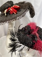 2 Early 1900s Velvet Ladies Hats with Feathers Flo