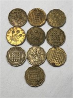 10 - British Three Pence Coin Lot - 1940's-60's
