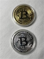 2 Bitcoin Novelty Rounds - Gold & Silver Colours