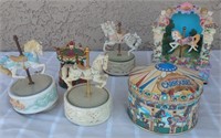 403 - 6 CAROUSEL FIGURINES/MUSIC BOXES & TIN