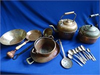 23 pc of copper tea kettles, pans, cookware and