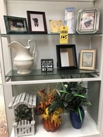 3 Shelves of Picture Frames, Pitcher, Flower Decor