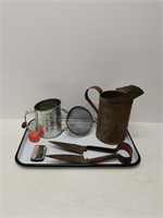 primitives, kitchenware, old tins, enamel tray