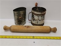 primitive flour sifters and rolling pin