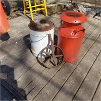 Mixed Lot MILK CAN, CAST IRON WHEEL, ENAMEL JUG