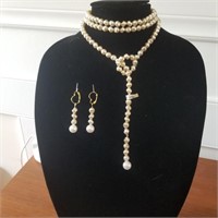 VTG JAPAN GLASS PEARLS KNOT-NECKLACE & EARRINGS