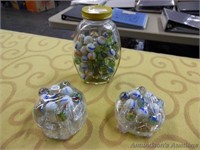 Assorted Vintage Marbles, 2 Flower Frogs & Jar