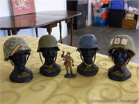 Set of 4 Historical Military Helmets + sm Figurine