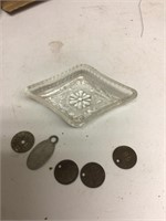 Pressed glass dish & tags / tokens