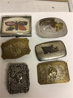 Group of 6 belt buckles various quality