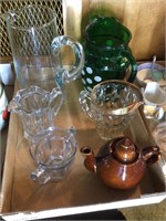 3 glass pitchers, small teapot