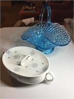 Blue glass basket, bowl with lid