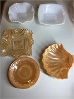 Milk glass and peach colored candy dishes