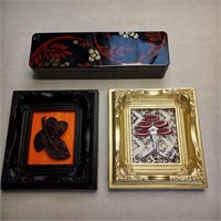 Framed Brooches & Lacquer Box